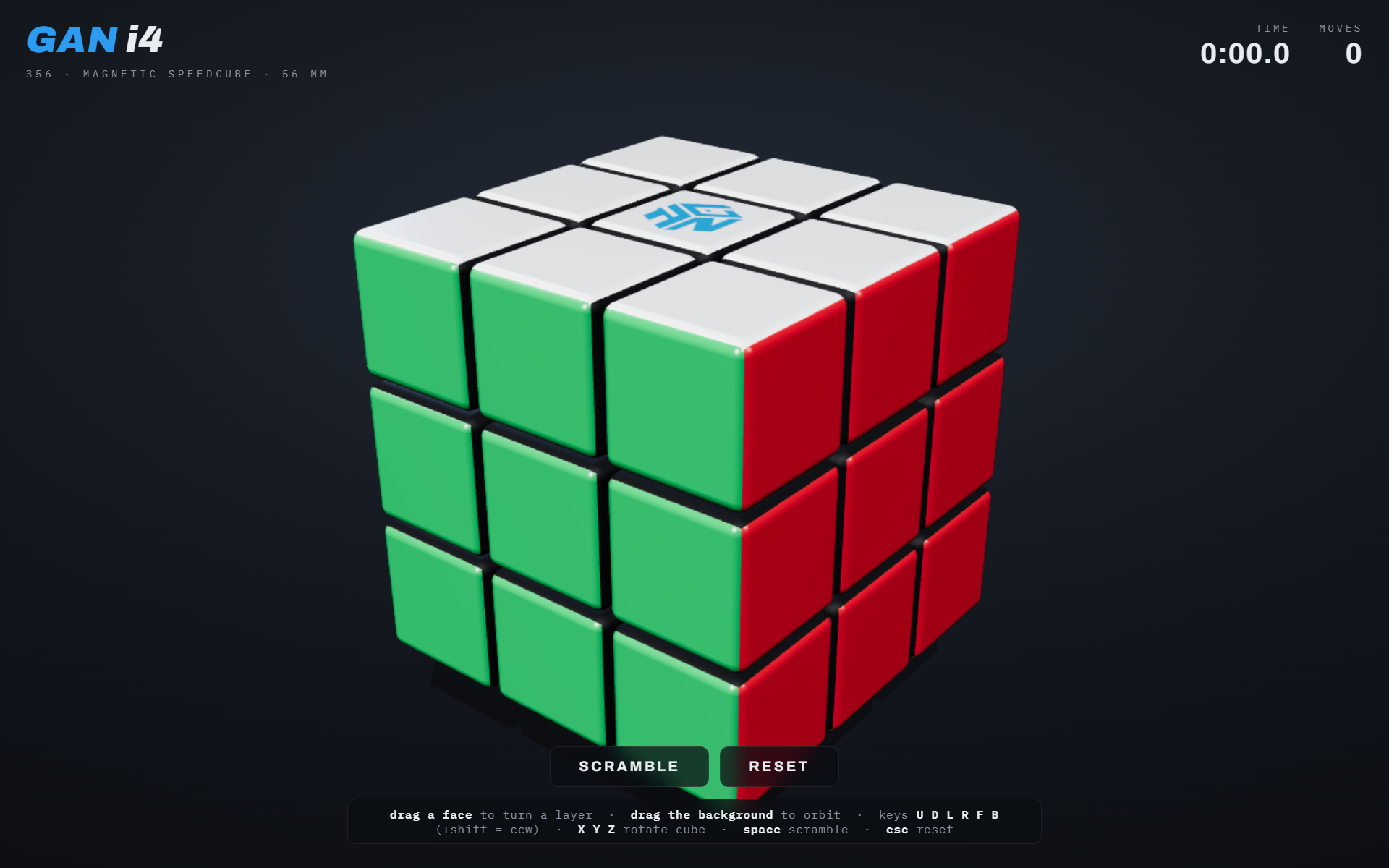 Screenshot of the GAN i4 speedcube — a 3D Rubik's cube floating on a dark backdrop with timer and move counter