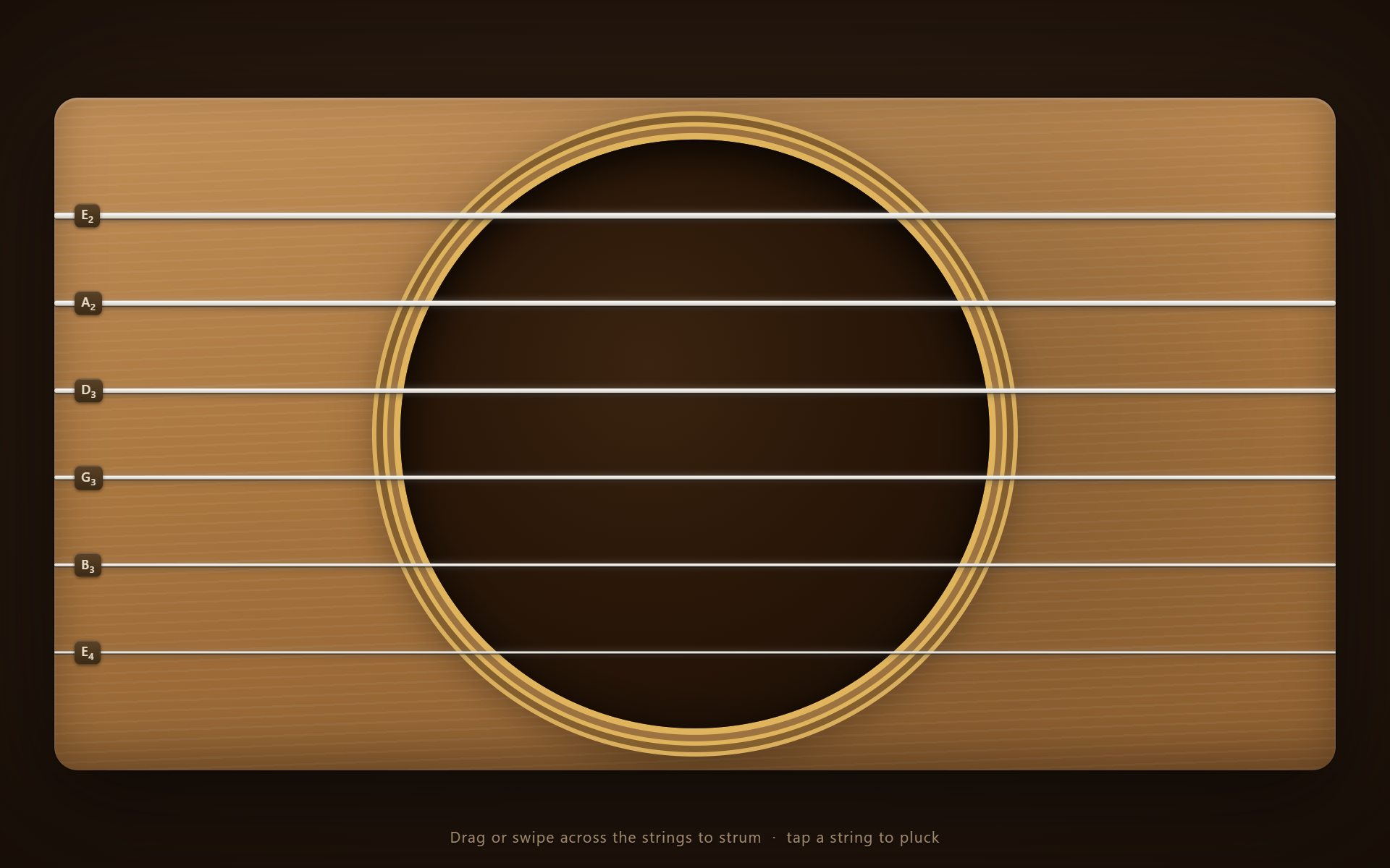 Screenshot of the Acoustic Guitar web app — six playable strings rendered over a wooden soundboard