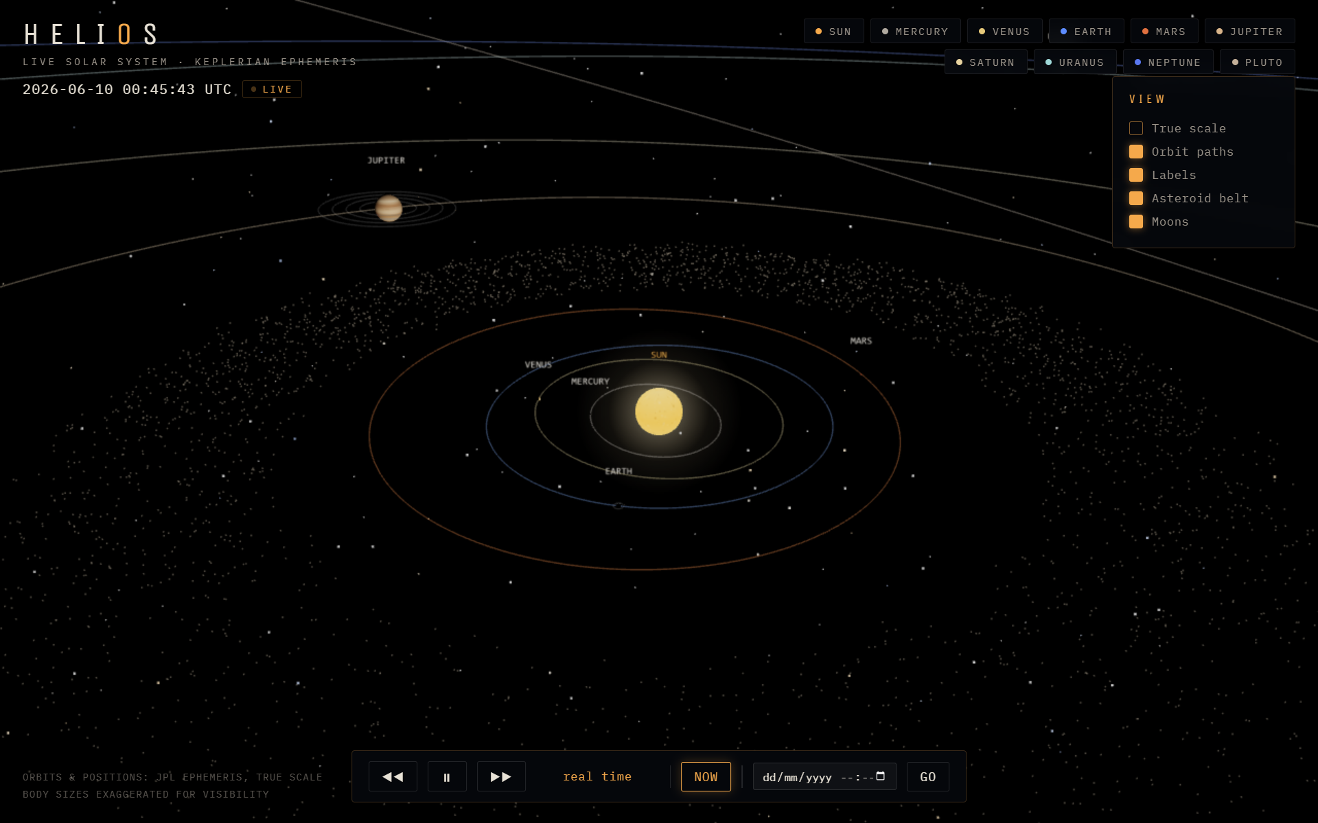 Screenshot of HELIOS — a live 3D solar system with glowing sun, orbit paths and planet navigation