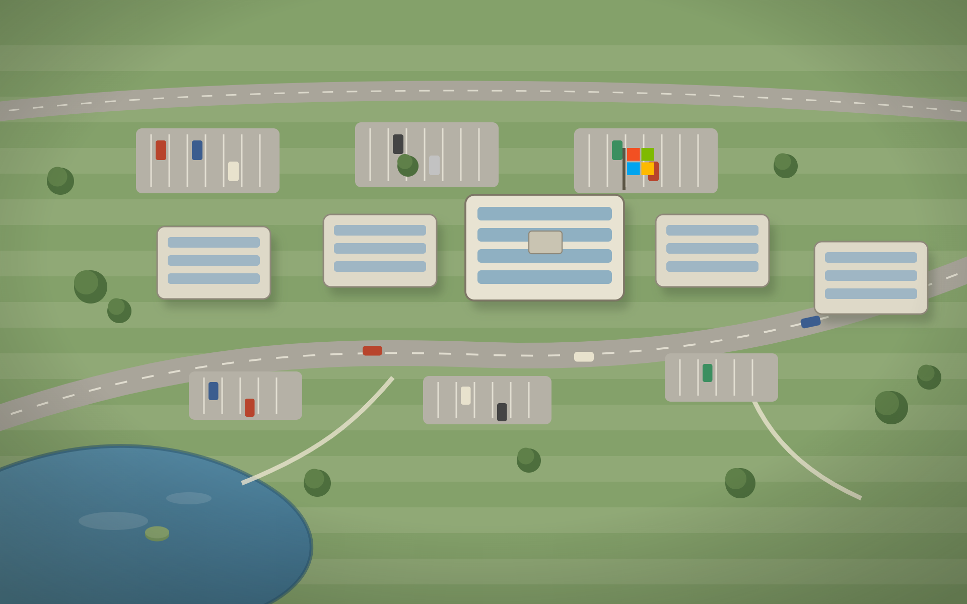 Aerial illustration of the Microsoft campus at Thames Valley Park, Reading — five buildings, car parks, lake and the Microsoft flag on Building 1